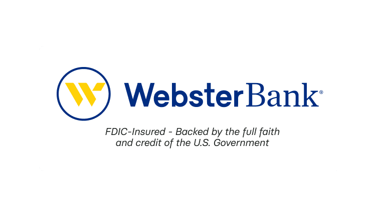 Webster Bank logo with yellow "W" icon. Text below states "FDIC-Insured - Backed by the full faith and credit of the U.S. Government."