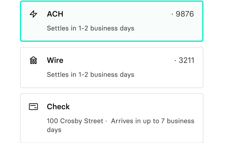 Payment options: ACH (9876) and Wire (3211) settle in 1-2 days; Check to 100 Crosby Street settles in up to 7 days.