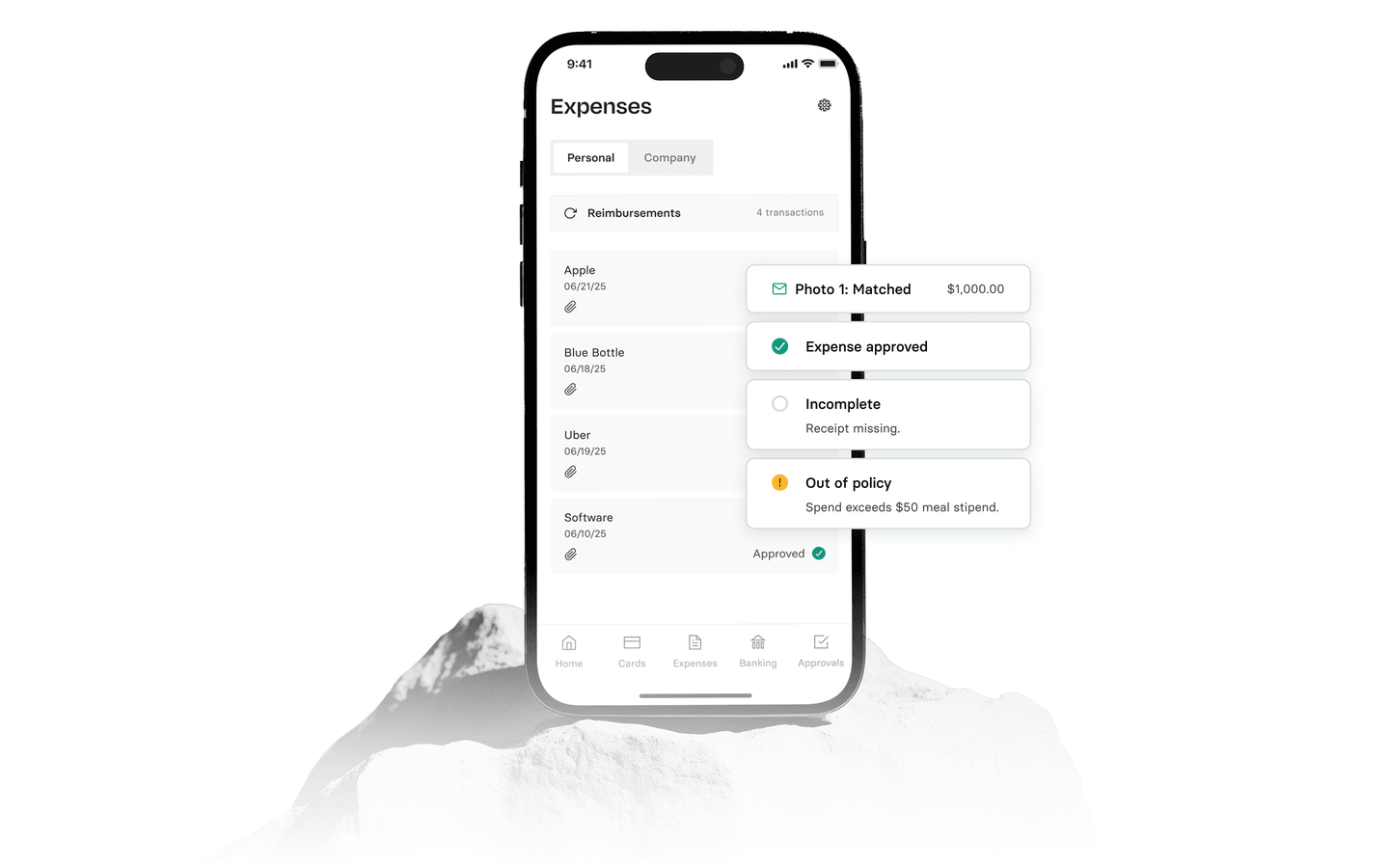 Smartphone displaying an expense tracking app with notifications for matched, approved, incomplete, and out-of-policy expenses.