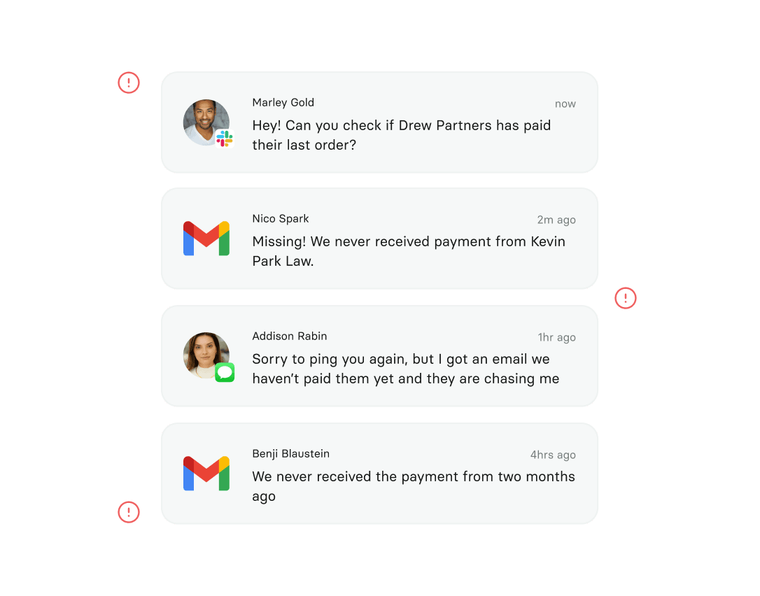 A series of four messages discussing missing payments from clients, with alerts indicated by red exclamation marks beside each message.