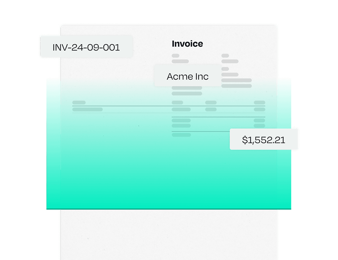 A digital invoice labeled "INV-24-09-001" from Acme Inc, showing a total amount of $1,552.21, with a teal gradient background.