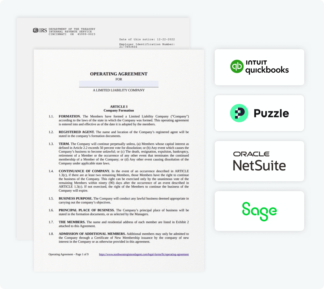 A document titled "Operating Agreement for a Limited Liability Company" with logos of QuickBooks, Puzzle, Oracle NetSuite, and Sage on the side.