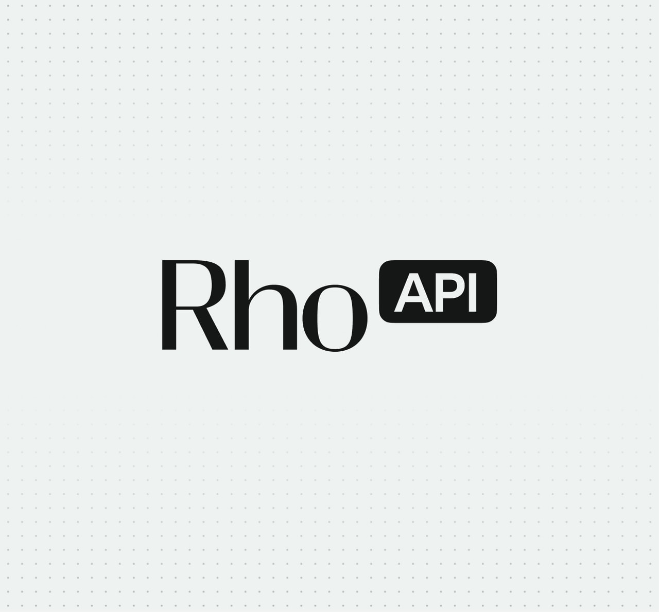 The image shows the logo "Rho API" in black text on a white dotted background.