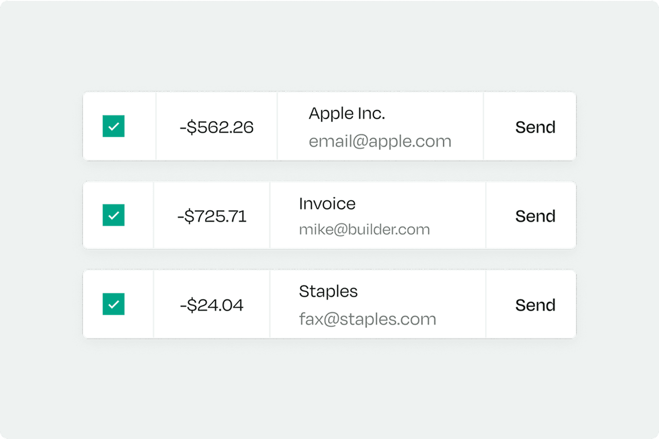 A list of three financial transactions with amounts, recipient email addresses, and "Send" buttons for Apple Inc., Invoice, and Staples.
