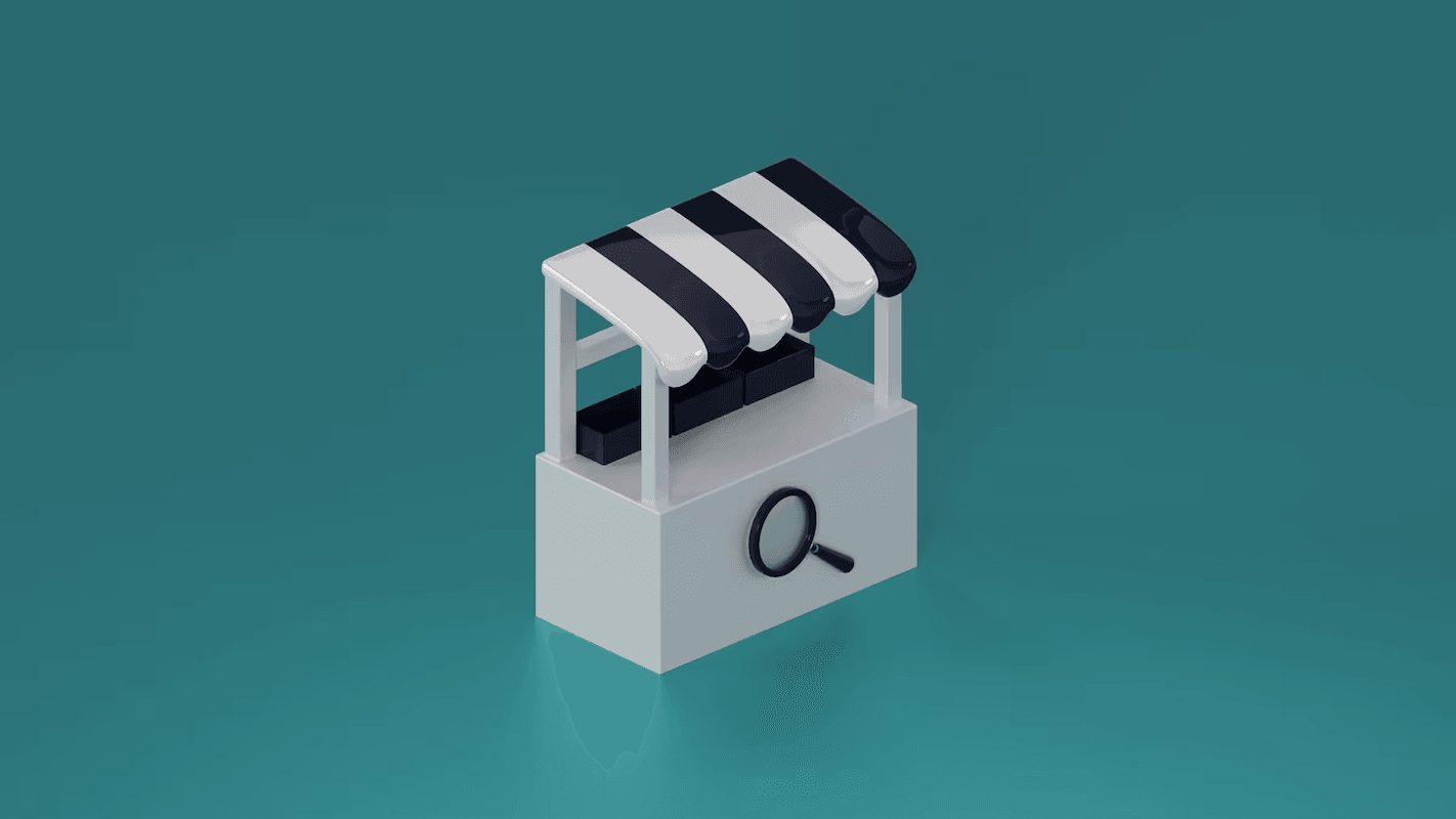 3D illustration of a small market stall with a black and white striped roof and a magnifying glass symbol on a teal background.