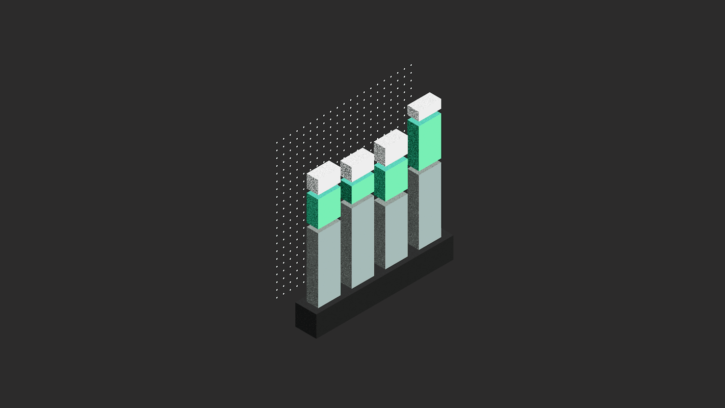 Isometric bar chart with four vertical bars in varying heights, featuring green and white segments on a dark background.