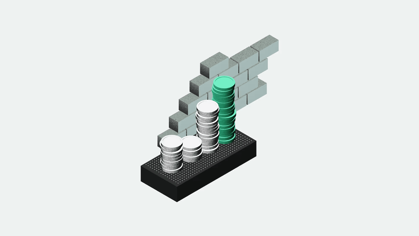 Stacks of coins in varying heights on a black platform, with a background of ascending gray blocks, suggesting growth or progress.