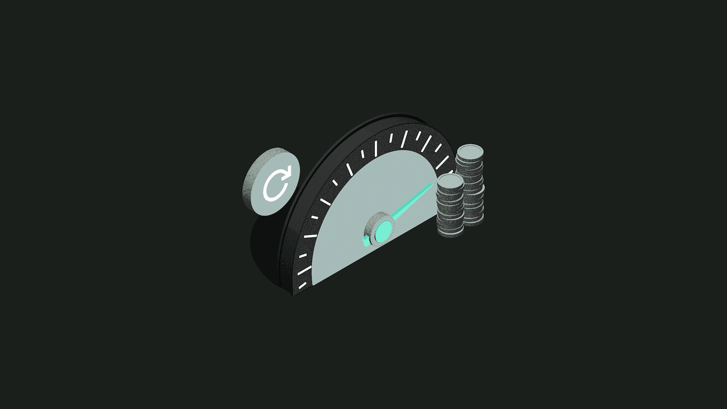 Illustration of a speedometer with a teal needle, surrounded by stacks of coins and a circular arrow symbol on a dark background.