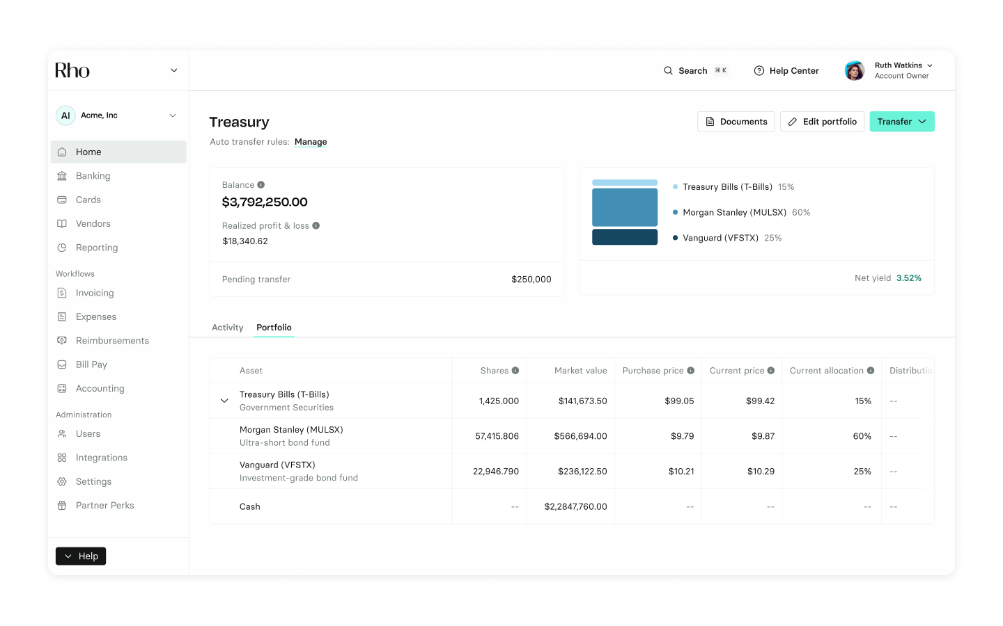 Dashboard showing a portfolio balance of $3,792,250 with investments in Treasury Bills, Morgan Stanley, and Vanguard, and a net yield of 3.52%.