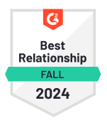 G2 badge reading "Best Relationship, Fall 2024" with a red top banner and green highlight.