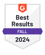 G2 badge displaying "Best Results, Fall 2024" with a red top section and a purple banner across the middle.