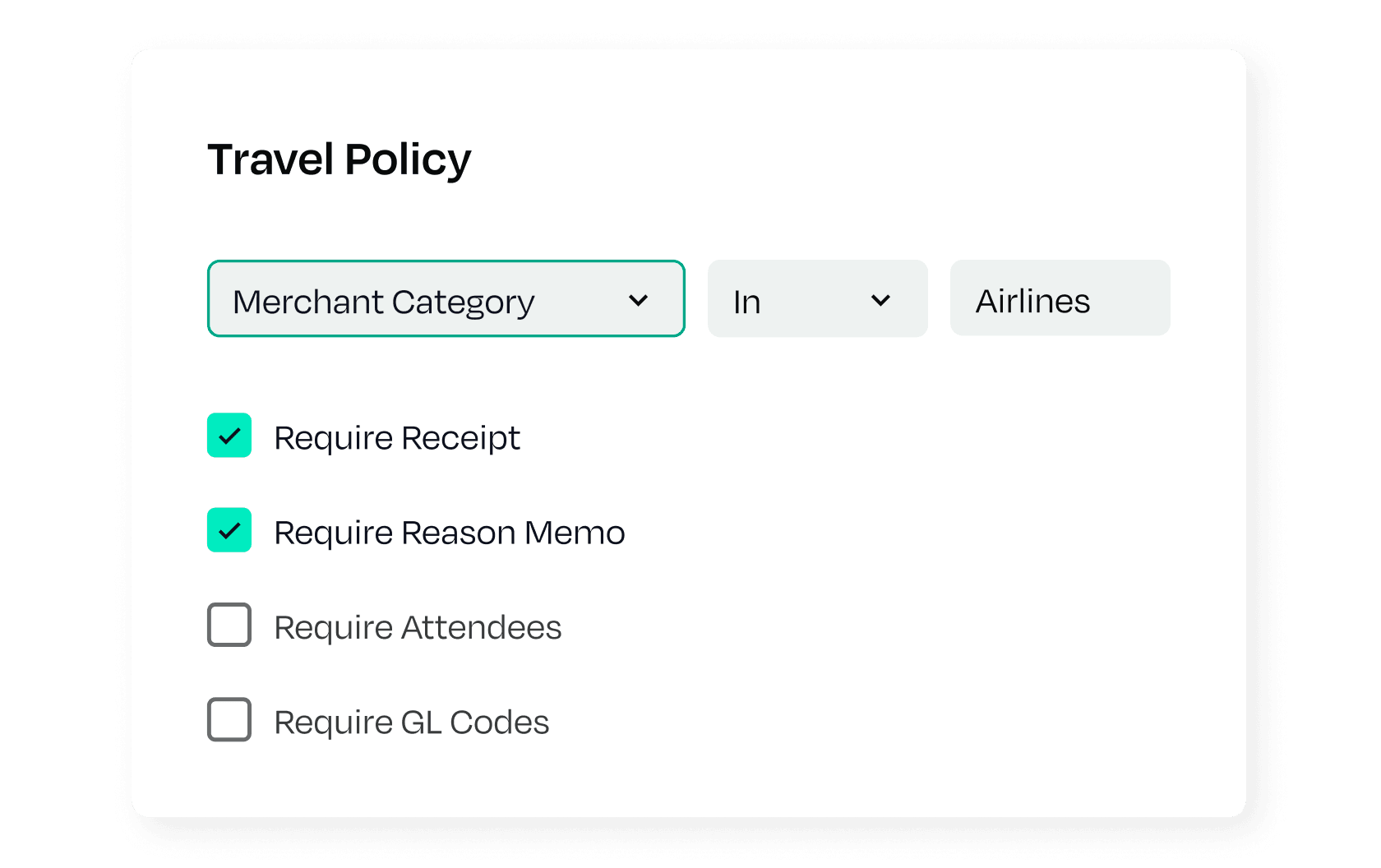 A travel policy rule for airline spend, set to require a receipt and a reason memo