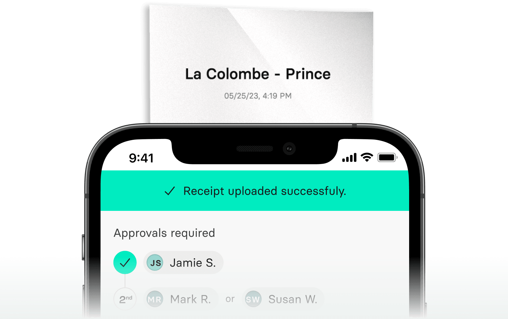 A phone confirming a receipt uploaded successfully, with approvals required from Jamie S., then Mark R. or Susan W.