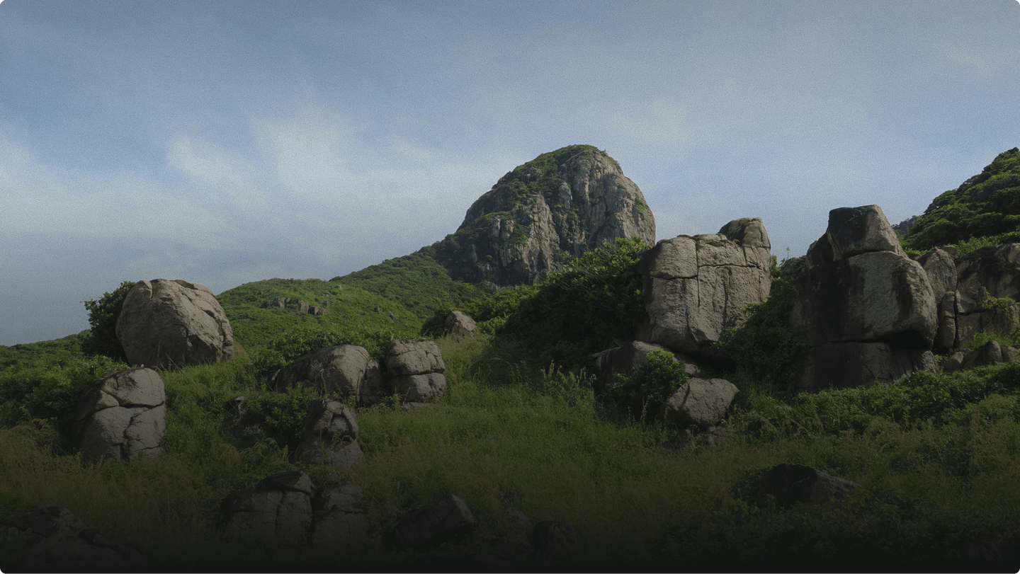 Rocky landscape with scattered boulders and green vegetation, set against a backdrop of a steep, tree-covered mountain and a cloudy blue sky.