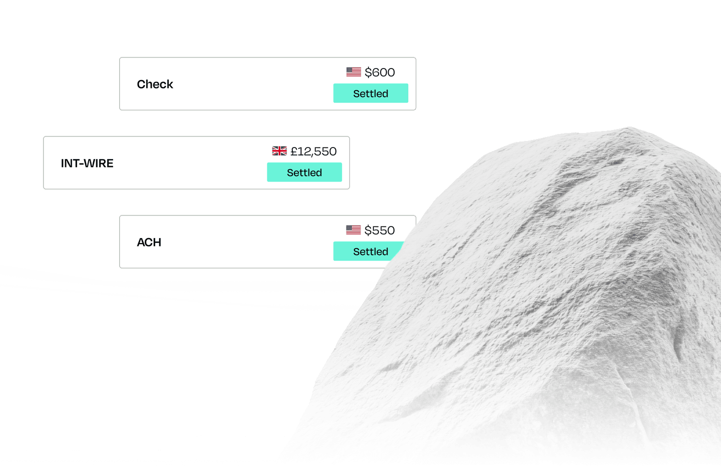Financial transactions displayed with "Settled" status and various payment methods beside a large, textured rock.
