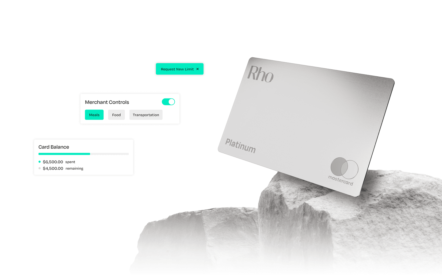 Silver Rho Platinum Mastercard on rocks with interface elements showing card balance, merchant controls, and request new limit option.
