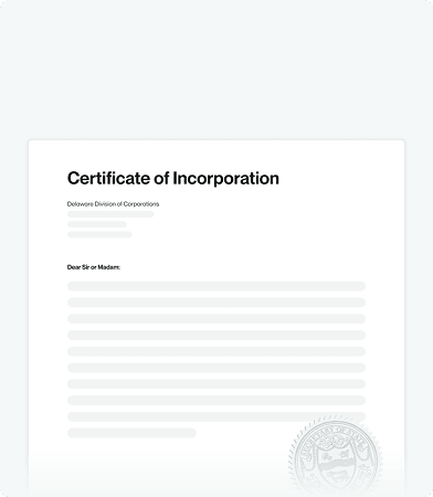 A certificate of incorporation from the Delaware Division of Corporations with a blurred text and an embossed seal at the bottom right.