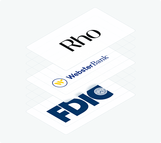 Three stacked cards displaying the logos of Rho, Webster Bank, and FDIC on a light blue background.
