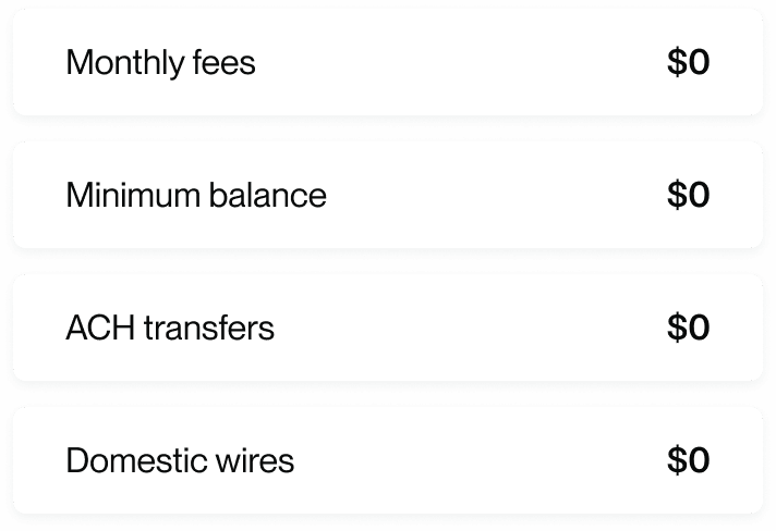 List showing zero costs for monthly fees, minimum balance, ACH transfers, and domestic wires.