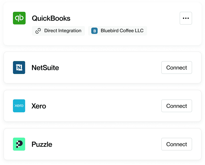 Integration options for QuickBooks, NetSuite, Xero, and Puzzle, each with a "Connect" button; QuickBooks has direct integration with Bluebird Coffee LLC.