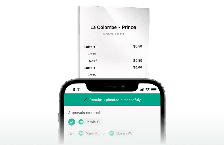 Phone screen showing a successful receipt upload with approvals needed, and a receipt listing coffee items and prices in the background.