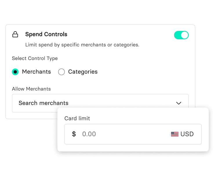 User interface showing spend controls for limiting expenses by merchants or categories, with options to search merchants and set a card limit in USD.
