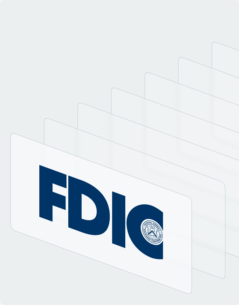 Fanned stack of partner-bank cards led by the FDIC mark