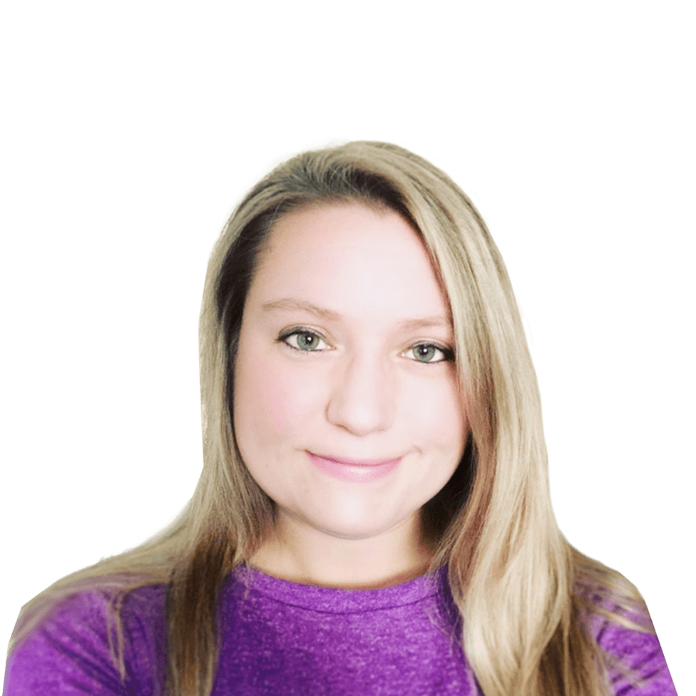 Smiling woman with long blonde hair wearing a purple top, against a white background.